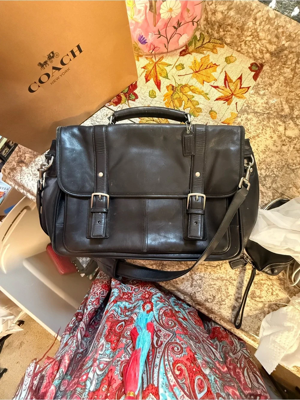 Coach Black Leather Messenger Bag with Buckle Straps